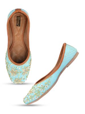 Desi Colour Sky Blue Dabka Floral Hand Embroidered Womens Indian Ethnic Comfort Footwear/Punjabi Jutti 1