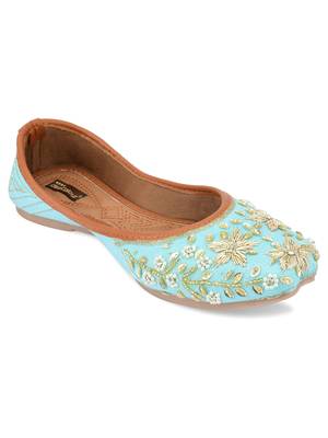 Desi Colour Sky Blue Dabka Floral Hand Embroidered Womens Indian Ethnic Comfort Footwear/Punjabi Jutti 2