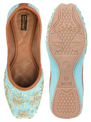 Desi Colour Sky Blue Dabka Floral Hand Embroidered Womens Indian Ethnic Comfort Footwear/Punjabi Jutti 5
