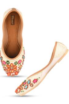 Desi Colour White & Orange Stone Work Womens Indian Ethnic Comfort Footwear/Punjabi Jutti