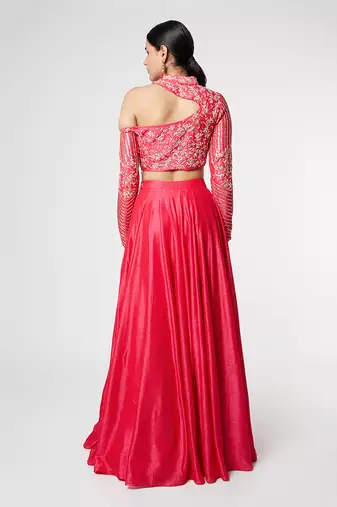 Pink Silk Embroidered Lehenga with Dupion Silk Embroidered Blouse and Net Dupatta