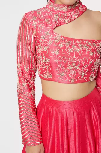 Pink Silk Embroidered Lehenga with Dupion Silk Embroidered Blouse and Net Dupatta