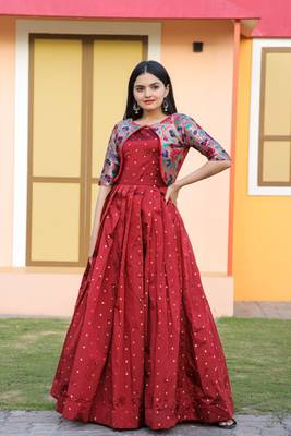 Red Silk With Jacquard weaving Work Gown 1