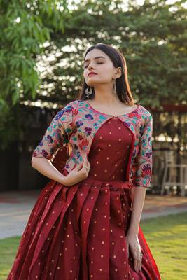 Red Silk With Jacquard weaving Work Gown 4