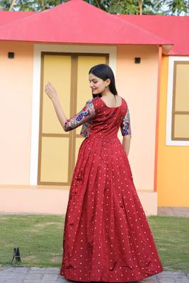 Red Silk With Jacquard weaving Work Gown 5