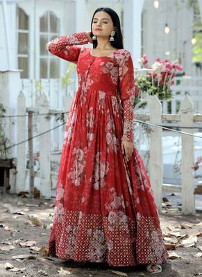 Red Digital Printed Georgette Embroidery Zari Sequins-work Gown 1