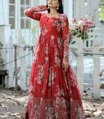 Red Digital Printed Georgette Embroidery Zari Sequins-work Gown