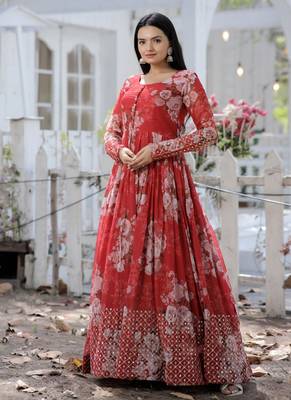 Red Digital Printed Georgette Embroidery Zari Sequins-work Gown 2