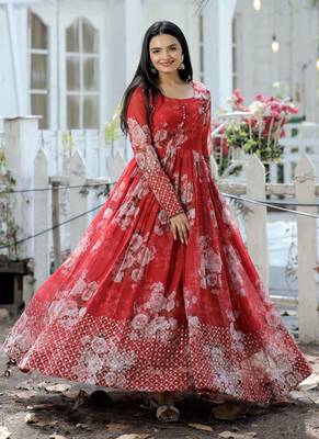 Red Digital Printed Georgette Embroidery Zari Sequins-work Gown 3