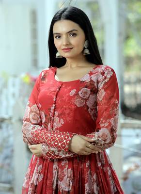 Red Digital Printed Georgette Embroidery Zari Sequins-work Gown 4