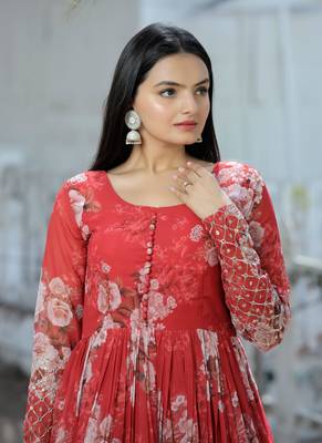 Red Digital Printed Georgette Embroidery Zari Sequins-work Gown 5