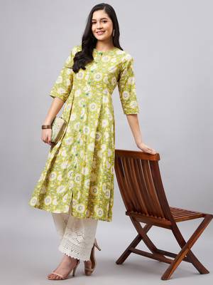 Yellow
 printed
 cotton cotton-kurtis 1