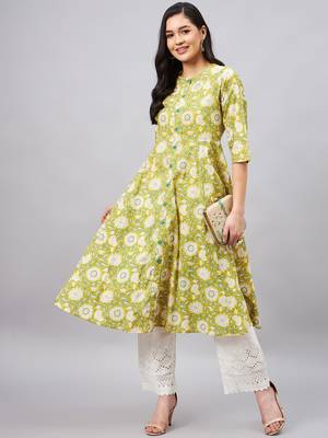 Yellow
 printed
 cotton cotton-kurtis 2
