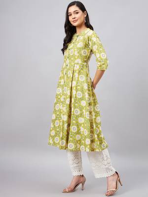 Yellow
 printed
 cotton cotton-kurtis 3