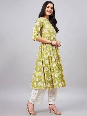 Yellow
 printed
 cotton cotton-kurtis 4