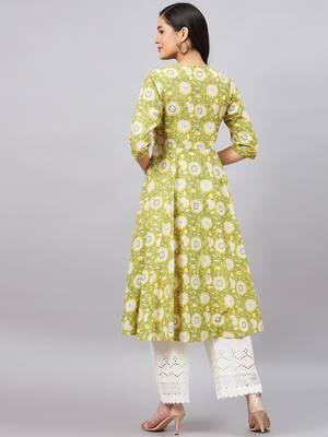 Yellow
 printed
 cotton cotton-kurtis 5