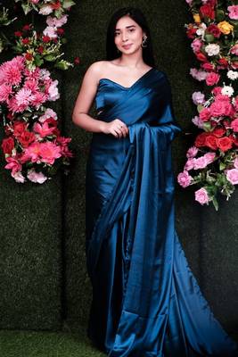 Navy Blue Colour Pure Satin Fabric Ready To Wear Saree WITH UN-STITCHED BLOUSE 3