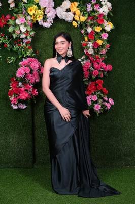 Black Colour Pure Satin Fabric Ready To Wear Saree WITH UN-STITCHED BLOUSE 1