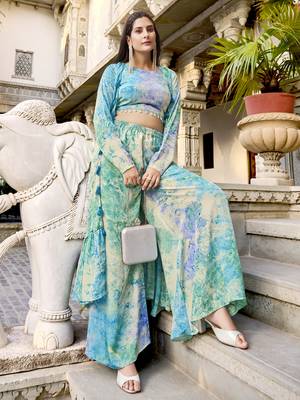 SKY AQUA BLUE DESIGNER PRINTED SILK SHRUG KOTI WITH TOP AND PALAZZO CO-ORDS INDO WESTERN SUIT 1