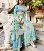 SKY AQUA BLUE DESIGNER PRINTED SILK SHRUG KOTI WITH TOP AND PALAZZO CO-ORDS INDO WESTERN SUIT