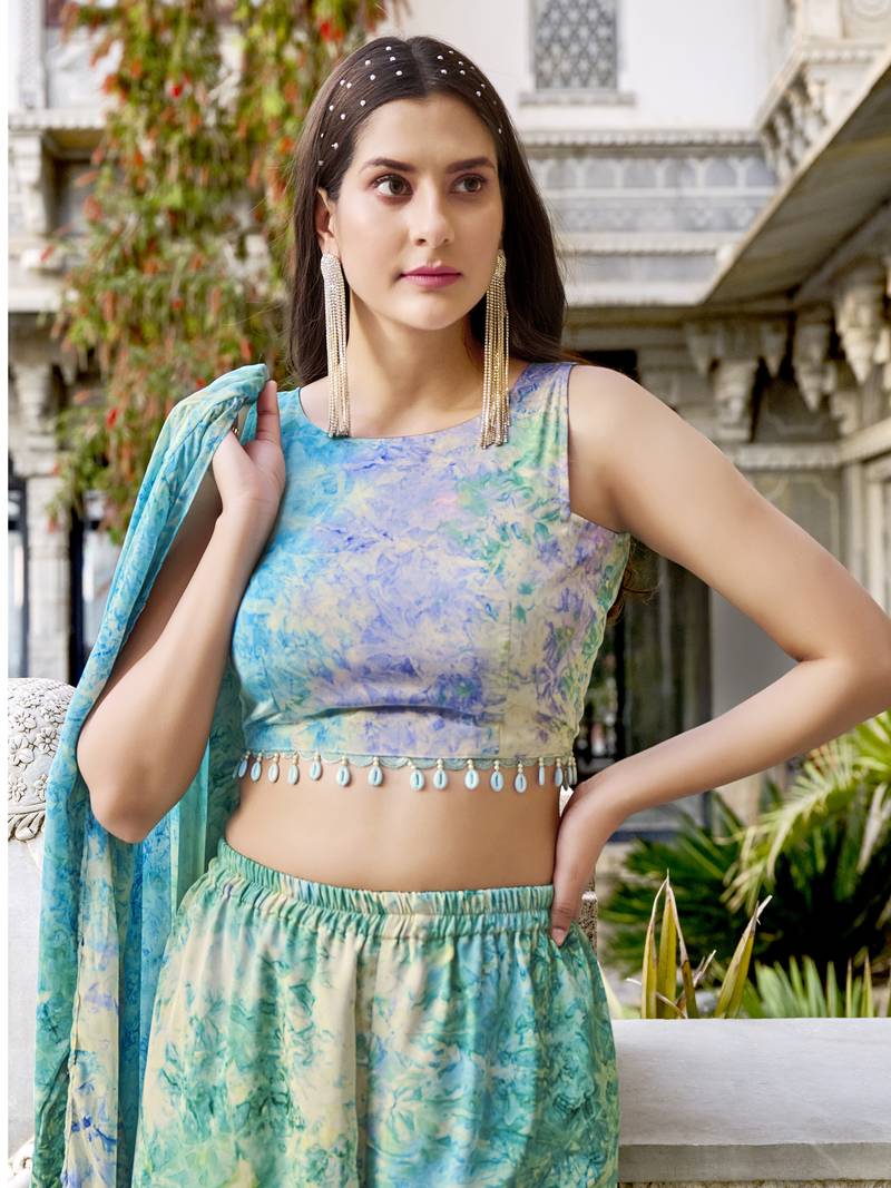 SKY AQUA BLUE DESIGNER PRINTED SILK SHRUG KOTI WITH TOP AND PALAZZO CO-ORDS INDO WESTERN SUIT