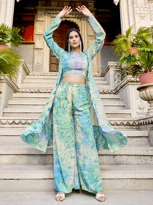 SKY AQUA BLUE DESIGNER PRINTED SILK SHRUG KOTI WITH TOP AND PALAZZO CO-ORDS INDO WESTERN SUIT 3