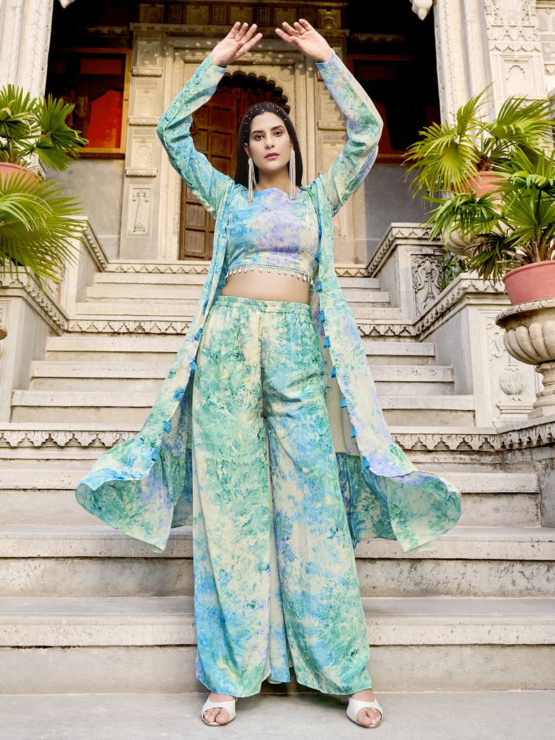 SKY AQUA BLUE DESIGNER PRINTED SILK SHRUG KOTI WITH TOP AND PALAZZO CO-ORDS INDO WESTERN SUIT