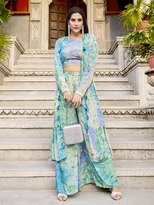 SKY AQUA BLUE DESIGNER PRINTED SILK SHRUG KOTI WITH TOP AND PALAZZO CO-ORDS INDO WESTERN SUIT 4