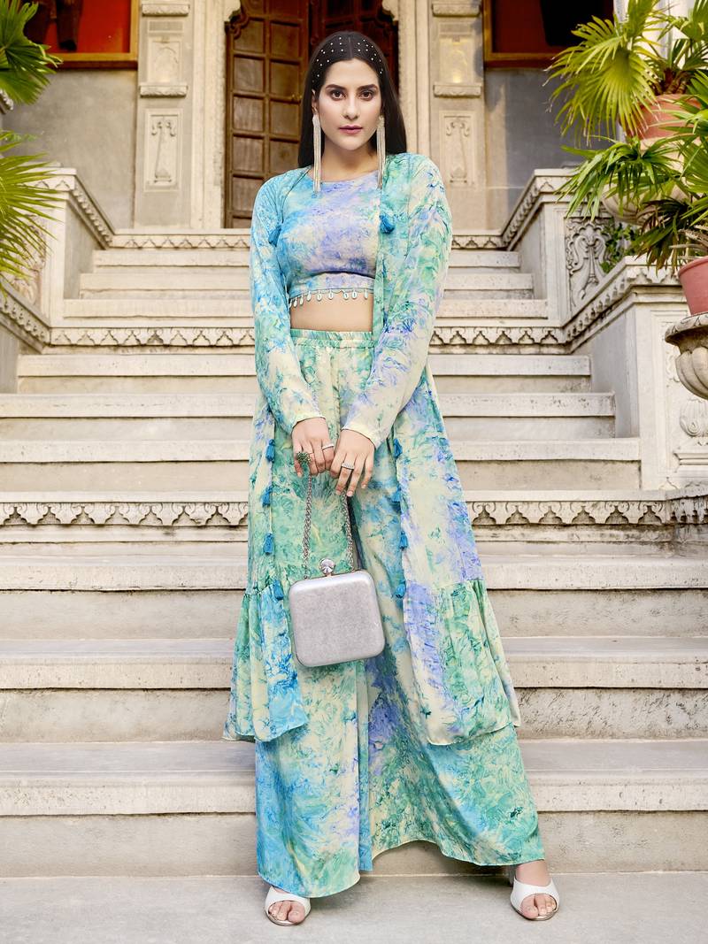 SKY AQUA BLUE DESIGNER PRINTED SILK SHRUG KOTI WITH TOP AND PALAZZO CO-ORDS INDO WESTERN SUIT
