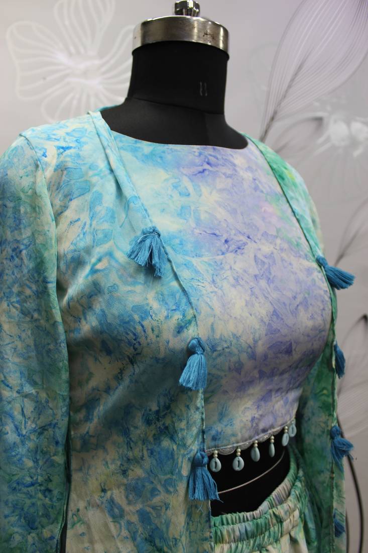 SKY AQUA BLUE DESIGNER PRINTED SILK SHRUG KOTI WITH TOP AND PALAZZO CO-ORDS INDO WESTERN SUIT