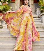 YELLOW & PINK DESIGNER PRINTED SILK SHRUG KOTI WITH TOP AND PALAZZO CO-ORDS INDO WESTERN SUIT