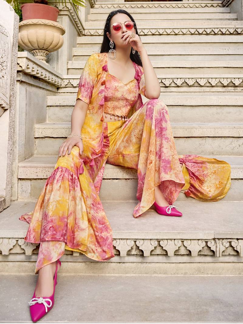 YELLOW & PINK DESIGNER PRINTED SILK SHRUG KOTI WITH TOP AND PALAZZO CO-ORDS INDO WESTERN SUIT