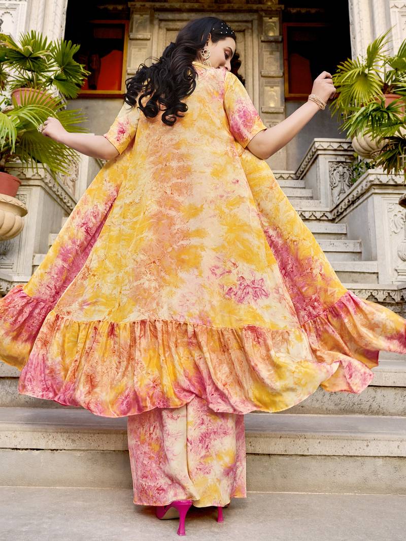 YELLOW & PINK DESIGNER PRINTED SILK SHRUG KOTI WITH TOP AND PALAZZO CO-ORDS INDO WESTERN SUIT