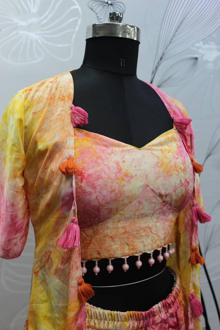 YELLOW & PINK DESIGNER PRINTED SILK SHRUG KOTI WITH TOP AND PALAZZO CO-ORDS INDO WESTERN SUIT