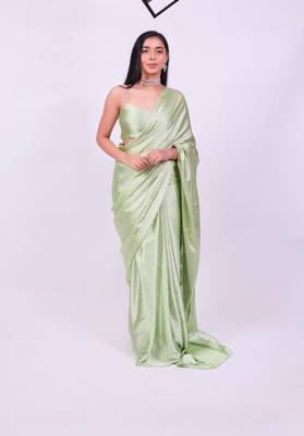 Pista Colour Pure Satin Fabric Ready To Wear Saree WITH UN-STITCHED BLOUSE 2