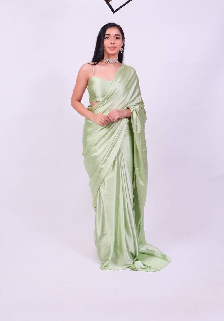 Pista Colour Pure Satin Fabric Ready To Wear Saree WITH UN-STITCHED BLOUSE