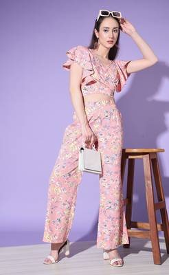 BABY PINK FLORAL PRINTED CREPE TOP AND BOTTOM CO-ORDS INDO WESTERN SUIT 1