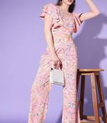 BABY PINK FLORAL PRINTED CREPE TOP AND BOTTOM CO-ORDS INDO WESTERN SUIT