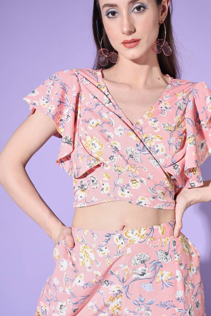 BABY PINK FLORAL PRINTED CREPE TOP AND BOTTOM CO-ORDS INDO WESTERN SUIT