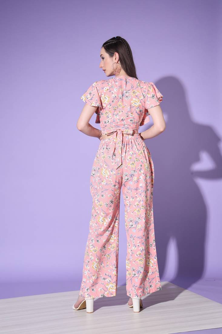 BABY PINK FLORAL PRINTED CREPE TOP AND BOTTOM CO-ORDS INDO WESTERN SUIT