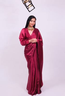 Maroon Colour Pure Satin Fabric Ready To Wear Saree WITH UN-STITCHED BLOUSE 1