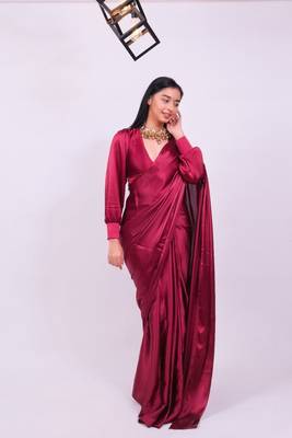 Maroon Colour Pure Satin Fabric Ready To Wear Saree WITH UN-STITCHED BLOUSE 2