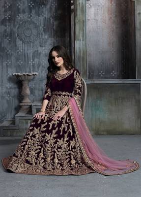 Maroon Velvet Embroidery Anarkali Gown with Net Dupatta 2