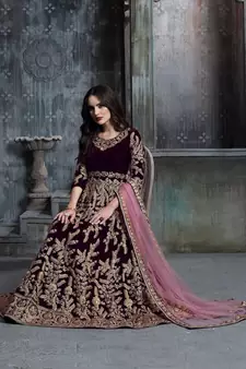 Maroon Velvet Embroidery Anarkali Gown with Net Dupatta