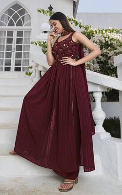 MAROON THREAD AND SEQUINCE EMBROIDERED WORK GEORGETTE ANARKALI LONG SALWAR SUIT DUPATTA STITCHED GOWN 1