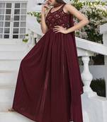 MAROON THREAD AND SEQUINCE EMBROIDERED WORK GEORGETTE ANARKALI LONG SALWAR SUIT DUPATTA STITCHED GOWN