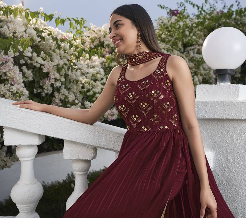 MAROON THREAD AND SEQUINCE EMBROIDERED WORK GEORGETTE ANARKALI LONG SALWAR SUIT DUPATTA STITCHED GOWN