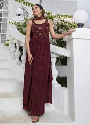 MAROON THREAD AND SEQUINCE EMBROIDERED WORK GEORGETTE ANARKALI LONG SALWAR SUIT DUPATTA STITCHED GOWN 3