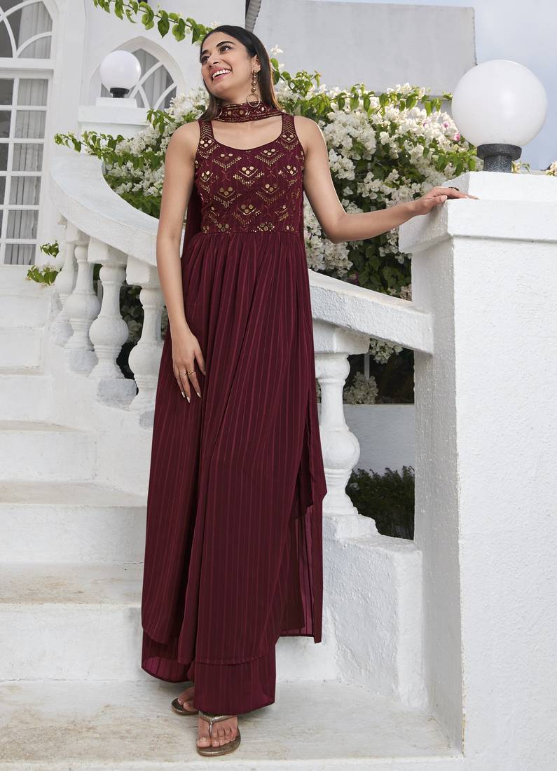 MAROON THREAD AND SEQUINCE EMBROIDERED WORK GEORGETTE ANARKALI LONG SALWAR SUIT DUPATTA STITCHED GOWN