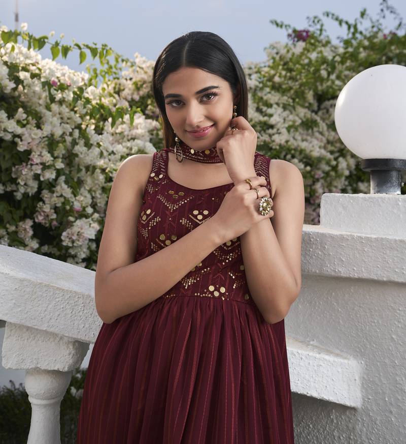 MAROON THREAD AND SEQUINCE EMBROIDERED WORK GEORGETTE ANARKALI LONG SALWAR SUIT DUPATTA STITCHED GOWN